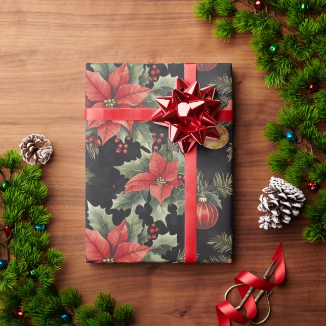 Red, Gold, Black Poinsettia Christmas | Wrapping Paper (Holiday Gift)