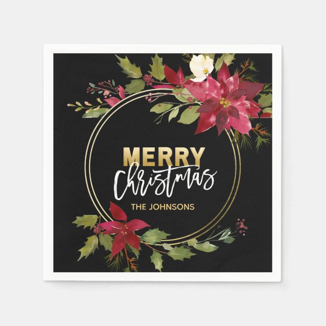 RED Gold Black Poinsettia MERRY CHRISTMAS Napkin (Front)