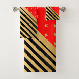 RED GOLD BLACK STARS & STRIPES BATHROOM TOWEL SET