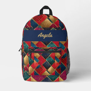 Red Gold Blue Diamonds Printed Backpack