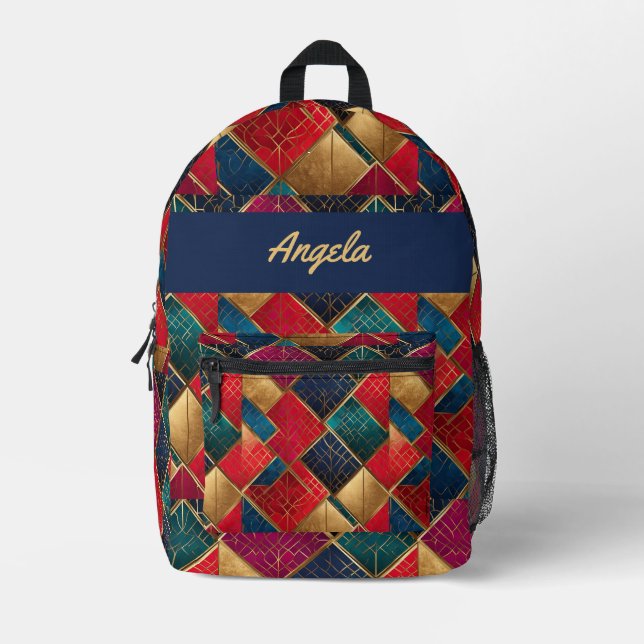 Red Gold Blue Diamonds Printed Backpack (Front)