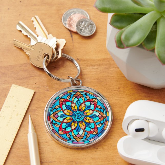 Red Gold Blue Mandala Stained Glass Key Ring (Desk)