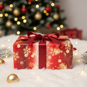 Red Gold Bokeh Snowflake Christmas Holiday Wrapping Paper Sheet