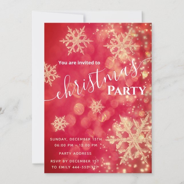 Red Gold bokeh sparkle snowflakes Christmas party Invitation (Front)