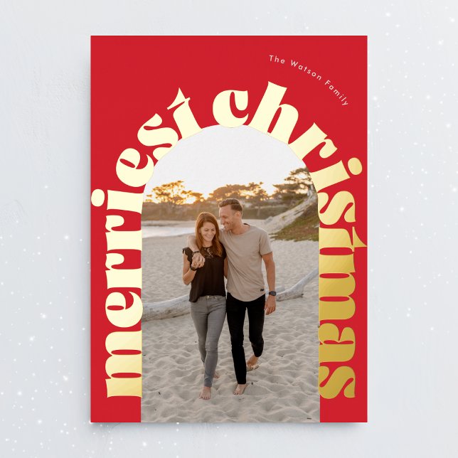 red & gold bold typography oval photo christmas foil holiday card (Creator Uploaded)