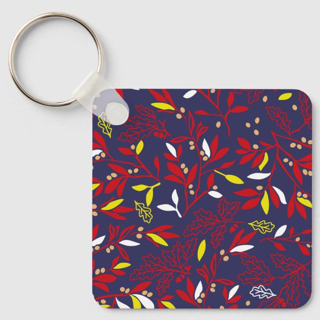 Red Gold Botanical Autumn Leaves Key Ring (Front)