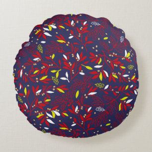 Red Gold Botanical Autumn Leaves Round Cushion