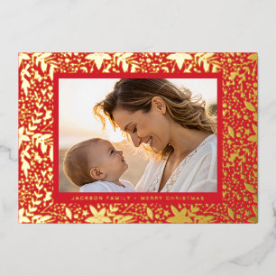 RED GOLD Botanical Christmas Frame Photo Foil Holiday Card