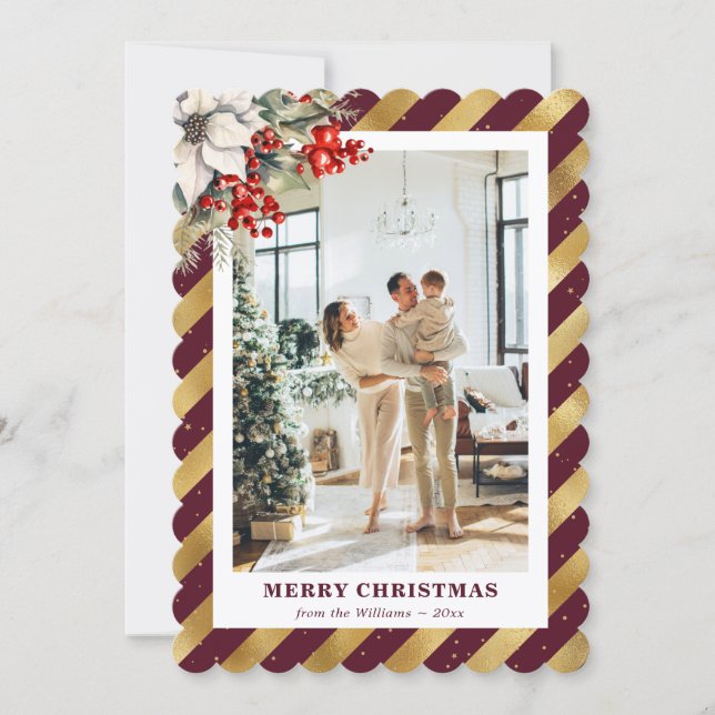 Red Gold Botanical Modern Photo Christmas Card (Front)