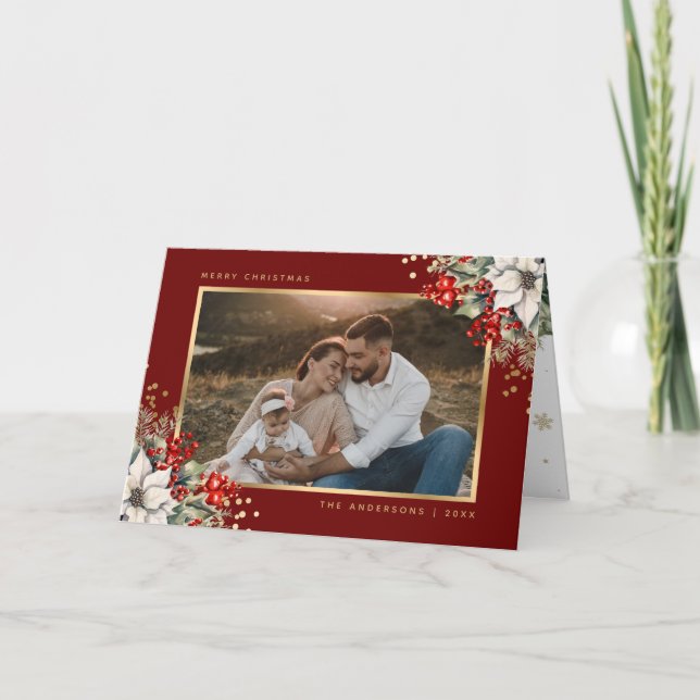 Red Gold Botanical Photo Christmas Card (Front)