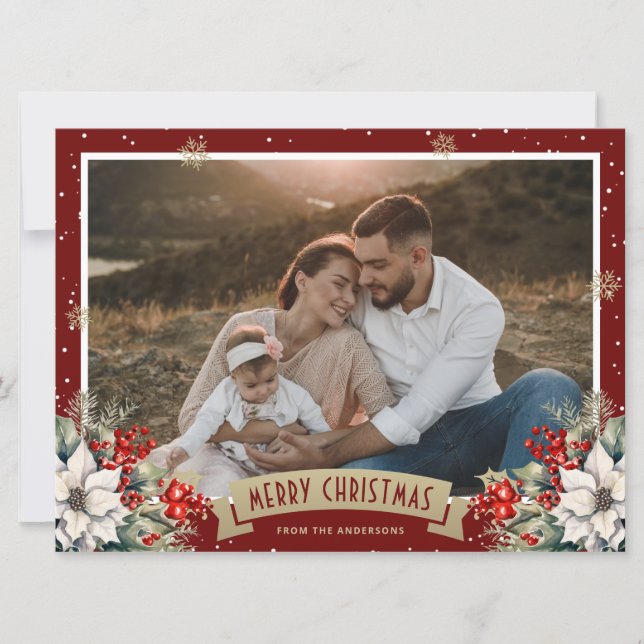 Red Gold Botanical Snowflake Photo Christmas Holiday Card (Front)