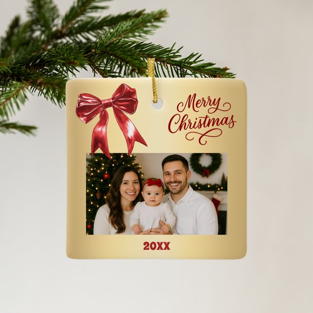 Red gold bow photo Christmas Ceramic Ornament (Creator Uploaded)