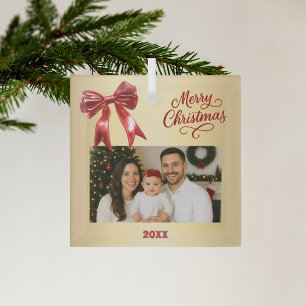 Red gold bow photo Christmas Glass Tree Decoration