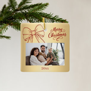 Red gold bow photo hand-drawn Christmas Ceramic Ornament