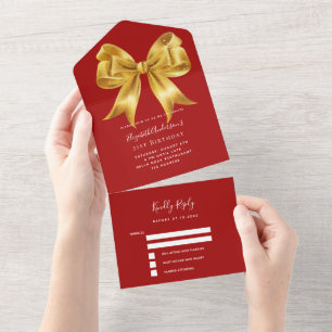 Red gold bow rsvp birthday all in one invitation