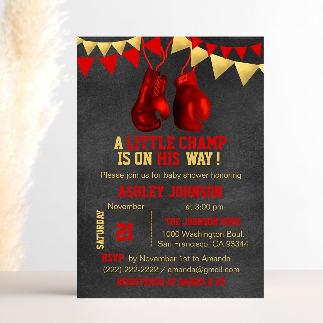 Red Gold Boy Boxe Boxing Baby Shower Invitations (Creator Uploaded)