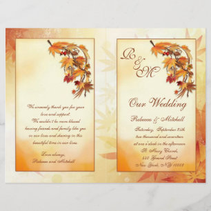 Red, gold, brown autumnal leaves Wedding Program