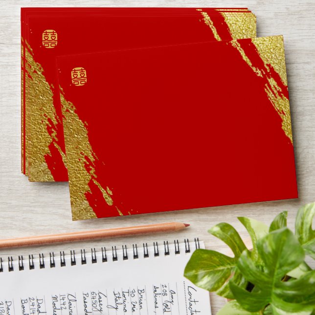 Red gold brush calligraphy chinese wedding envelope (Stacked)