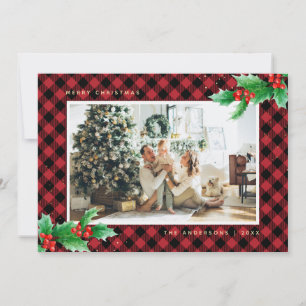 Red Gold Buffalo Plaid Holly Photo Christmas Cards
