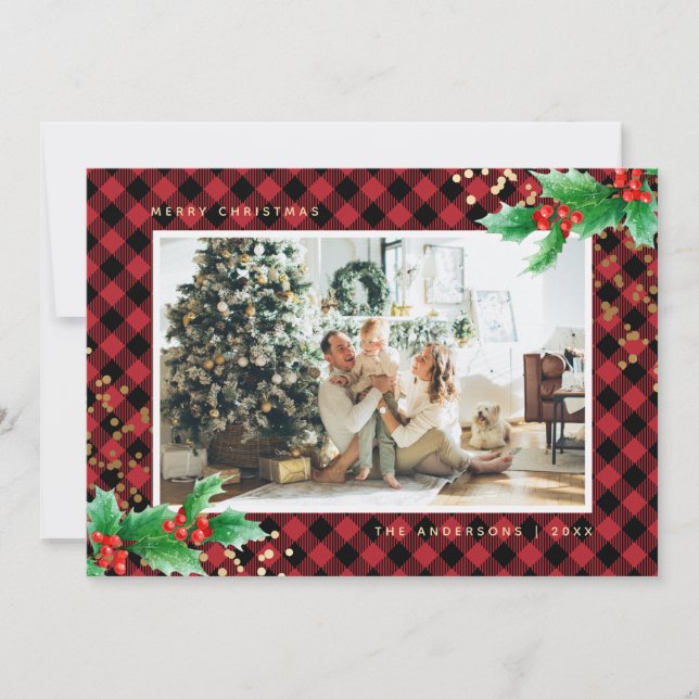 Red Gold Buffalo Plaid Holly Photo Christmas Cards (Front)