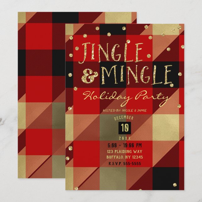 Red Gold Buffalo Plaid Jingle & Mingle Holiday Invitation (Front/Back)