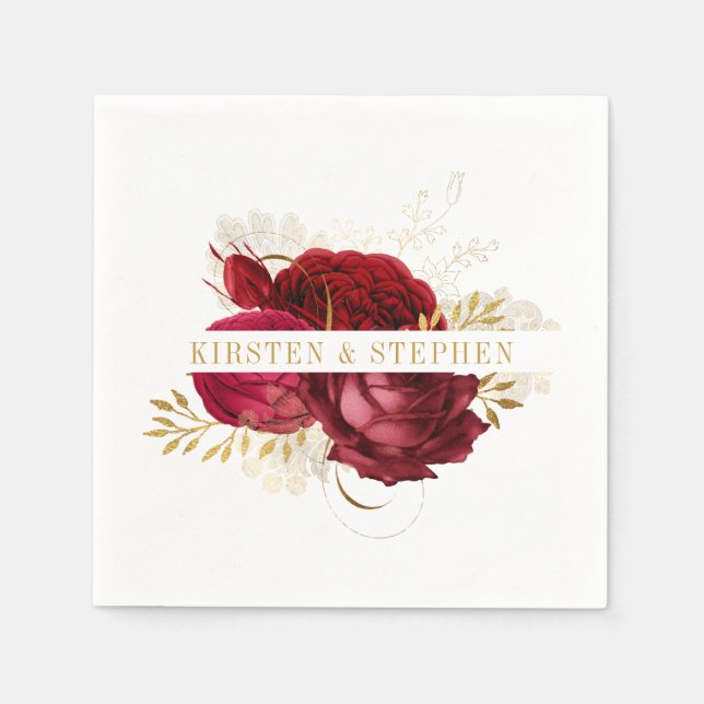 Red Gold Burgundy Floral Wedding Cocktail Napkin (Front)