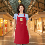 Red gold business logo name signature apron<br><div class="desc">Add a touch of style and professionalism to your business with this customisable red apron. Featuring a sleek red background, it’s perfect for the holiday season or for businesses with red as their brand colour. Ideal for use in bars, restaurants, kitchens, beauty salons, and more. Personalise the apron by adding...</div>