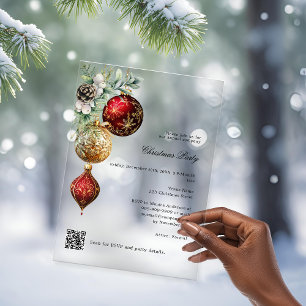 Red gold business QR code frosted Christmas Party Acrylic Invitations