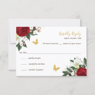 Red Gold Butterflies Quinceañera RSVP Card