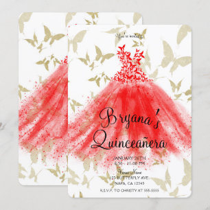 Red & Gold Butterfly Dance Dress Quinceañera Invitation