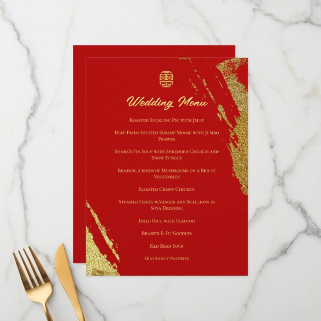 Red gold calligraphy brush stroke chinese wedding menu (Front/Back In Situ)