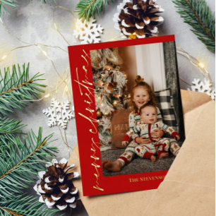Red Gold Calligraphy Photo Merry Christmas Foil Holiday Card