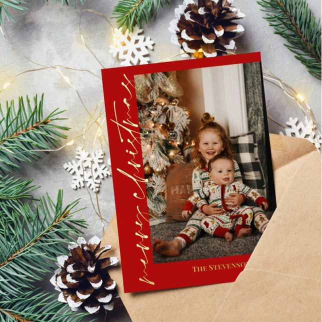 Red Gold Calligraphy Photo Merry Christmas Foil Holiday Card (Creator Uploaded)