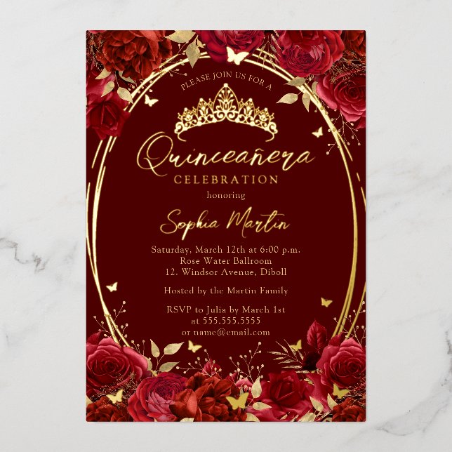 Red Gold Captivating Floral Butterfly Quinceanera (Front)