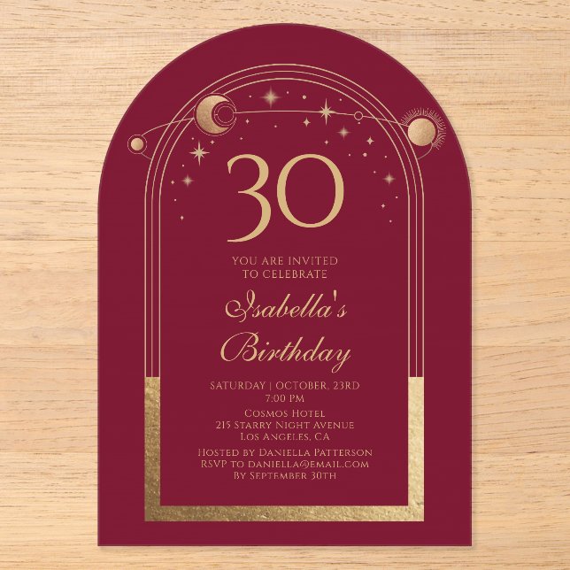 Red Gold Celestial 30th Birthday Acrylic Invitations (Front)