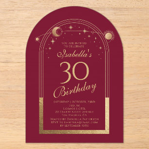 Red Gold Celestial 30th Birthday Acrylic Invitations