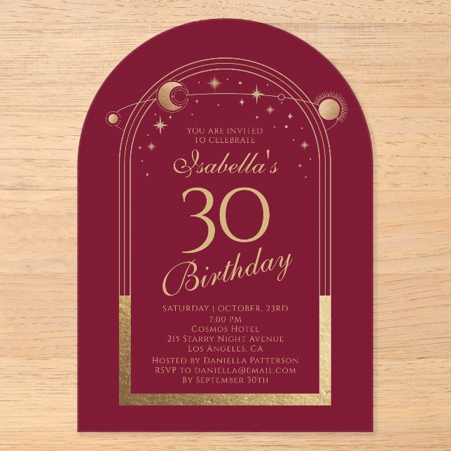Red Gold Celestial 30th Birthday Acrylic Invitations (Front)