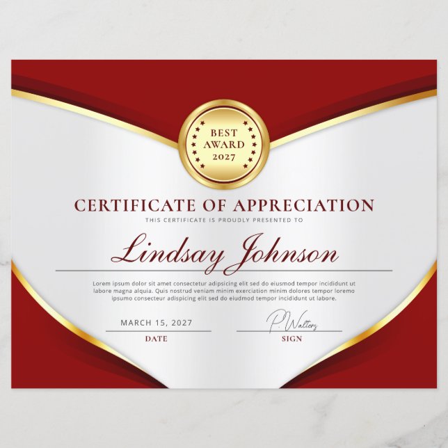 Red & Gold Certificate of Appreciation Flyer (Front)