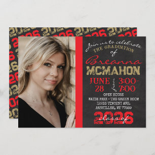 Red & Gold Chalkboard Graduation Photo Invitation