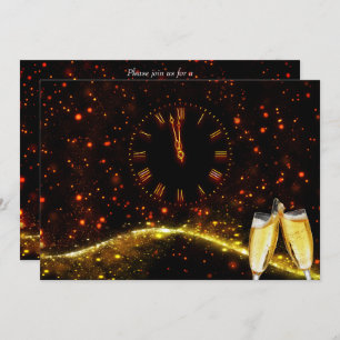 Red, Gold Champagne & Clock New Year's Eve Invitation