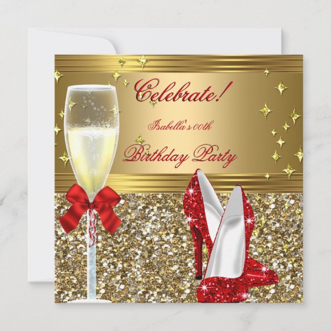 Red Gold Champagne Heels Birthday Party Invitation (Front)