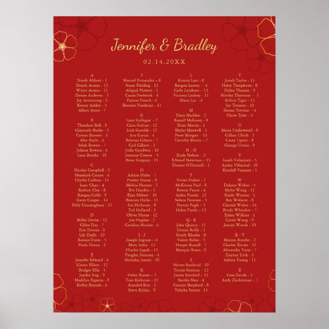 Red Gold Cherry Bloss Seating Chart | Custom Colou (Front)