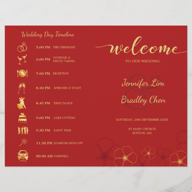 Red Gold Cherry Blossoms Folded Wedding Timeline (Front)
