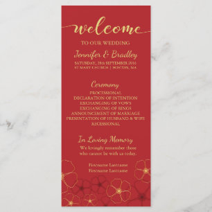 Red & Gold Cherry Blossoms Wedding Program Card