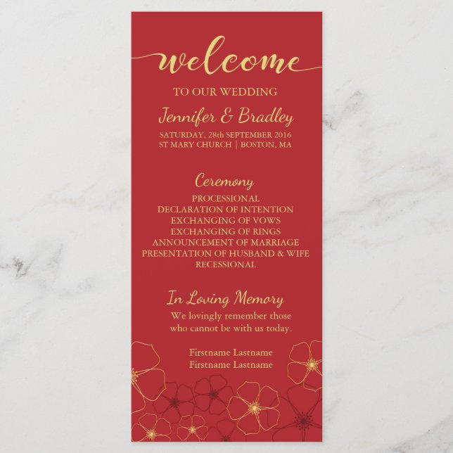Red & Gold Cherry Blossoms Wedding Program Card (Front)