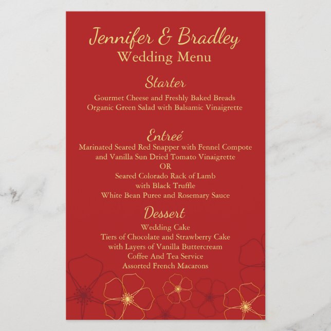 Red & Gold Cherry Blossoms Wedding Reception Menu (Front)