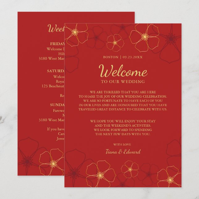 Red Gold Cherry Blossoms Wedding Welcome Note Invitation (Front/Back)