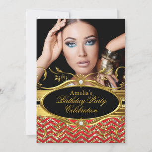 Red & gold Chevron Diamond Photo Birthday Invitation