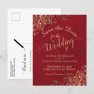 Red & Gold Chic Calligraphy Wedding Save the Date Announcement Postcard