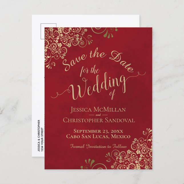 Red & Gold Chic Calligraphy Wedding Save the Date Announcement Postcard (Front/Back)